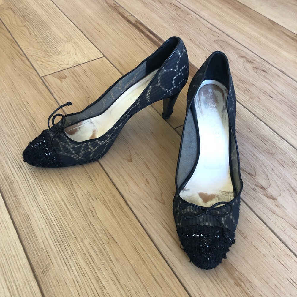 Chanel tweed top camellia mesh sheer pumps 39 US8
